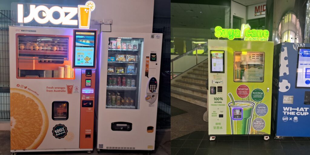 As máquinas de suco de laranja e caldo de cana são uma das curiosidades sobre Singapura que encontrei neste meu primeiro ano no país.
