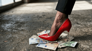 Salto alto vermelho pisando sobre notas de euro e dólar no chão