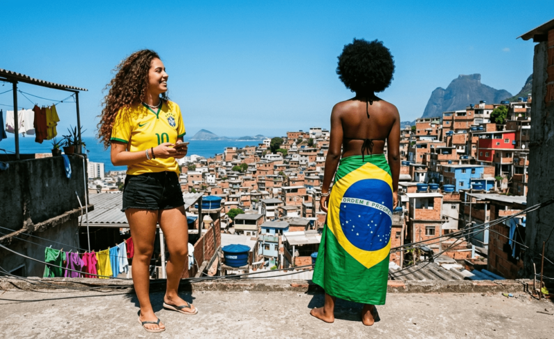 Representação visual do Brasilcore, explorando o contraste entre símbolos da cultura brasileira como vivência cotidiana e sua valorização como tendência global.