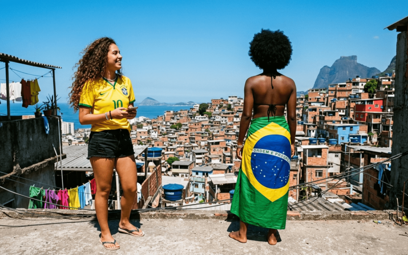 Representação visual do Brasilcore, explorando o contraste entre símbolos da cultura brasileira como vivência cotidiana e sua valorização como tendência global.