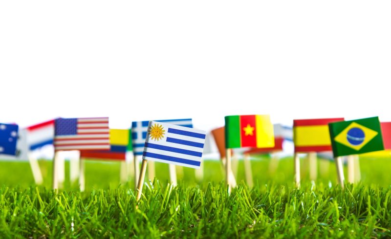 Paper cut of flags on grass for Soccer championship 2014